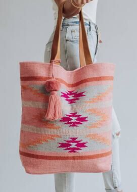 Orange, Pink & Slate Aztec Woven Cotton Tote Bag | Boho Tassel Tote